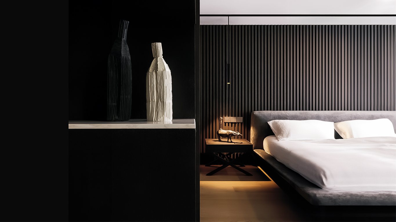 Monochrome modern bedroom interior design with magnetic track system with LED pendant module