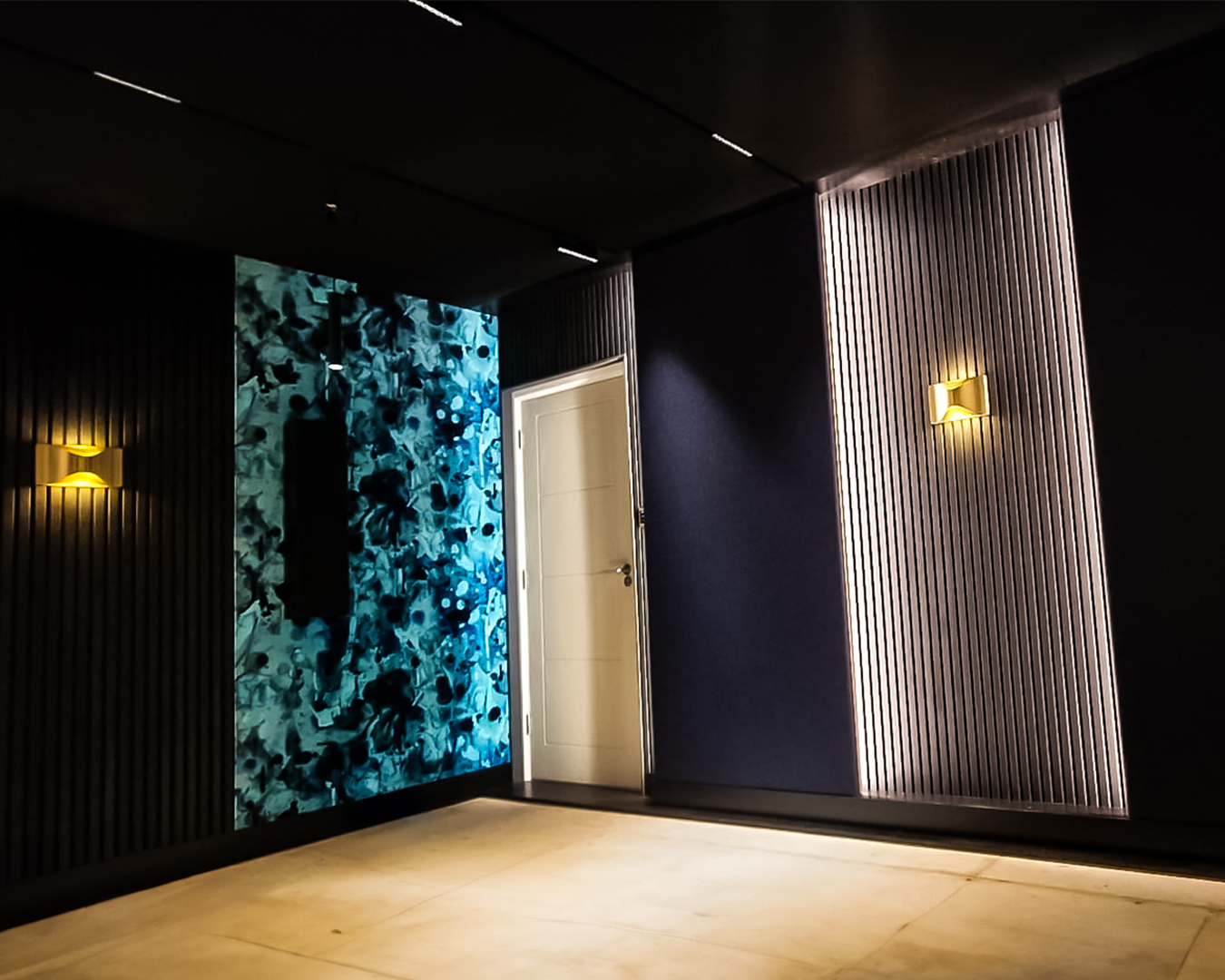 Luxury private home cinema room with magnetic track system with pendant module and recessed spotlight module